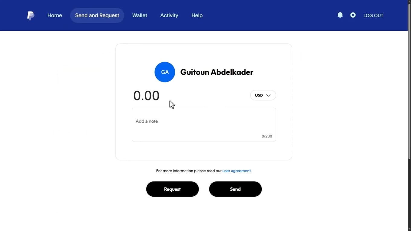 Écran PayPal de saisie du montant à envoyer