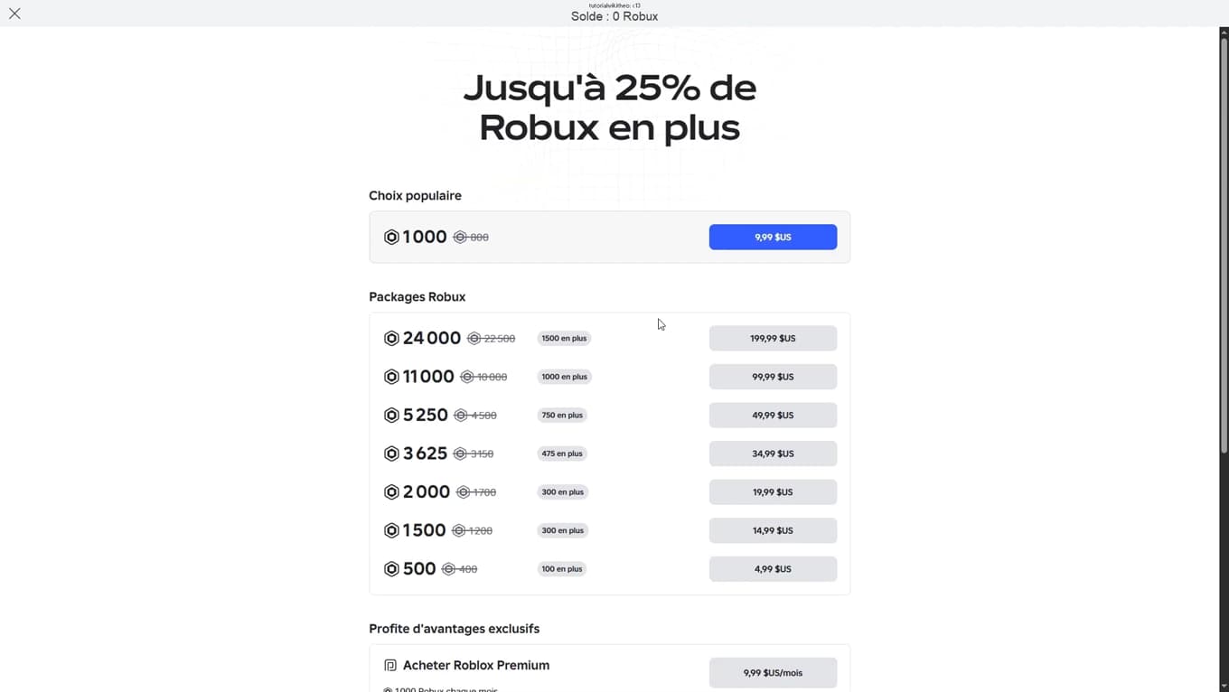 Boutique Robux officielle de Roblox avec les offres disponibles