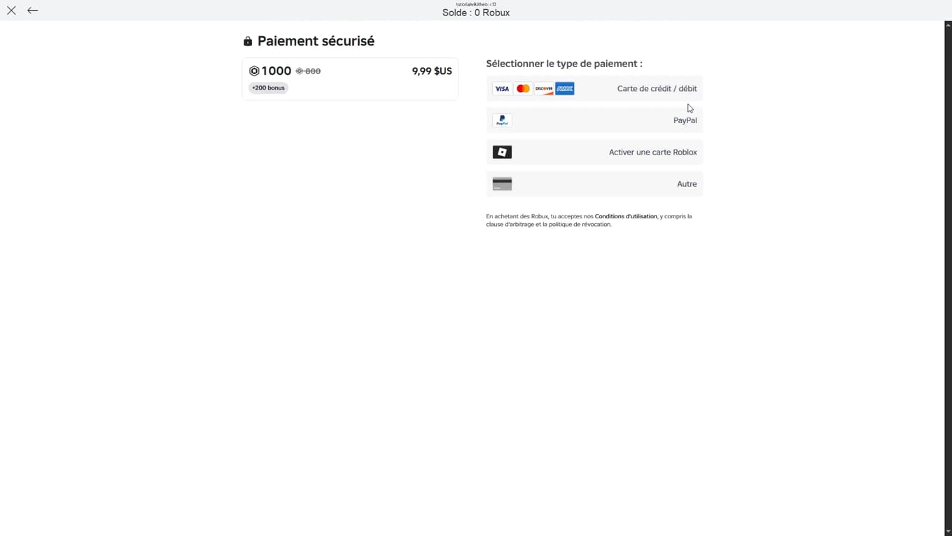 Page de paiement sécurisé de Roblox avec le choix du mode de paiement