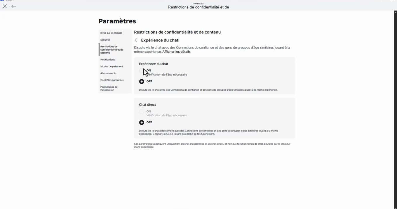 Réglage Expérience du chat de Roblox avec les options ON et OFF