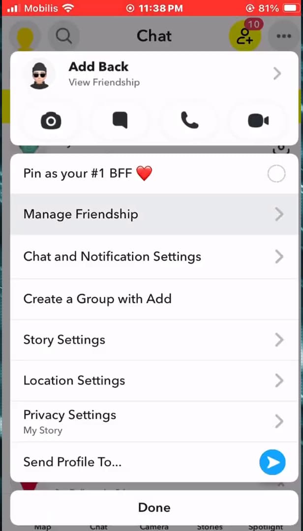 Liste des conversations Snapchat pour sélectionner un contact
