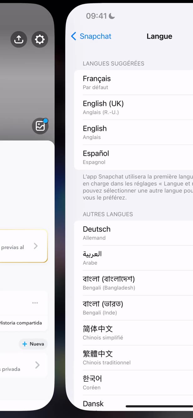 Snapchat après changement de langue