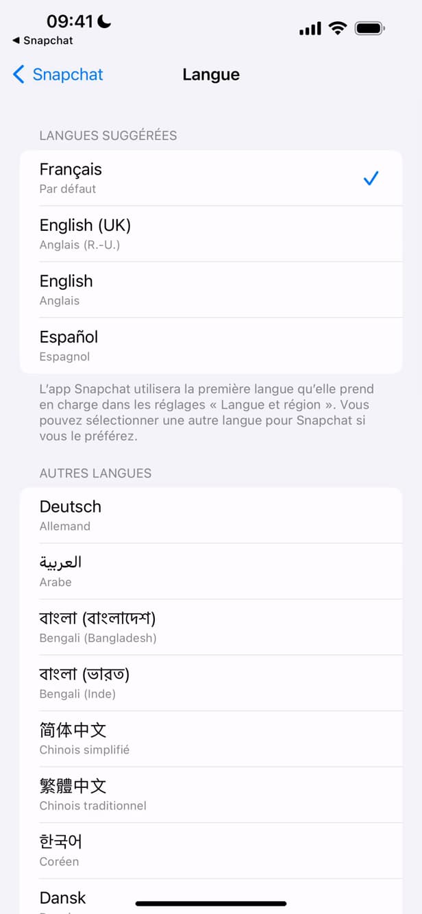 Liste des langues disponibles sur Snapchat