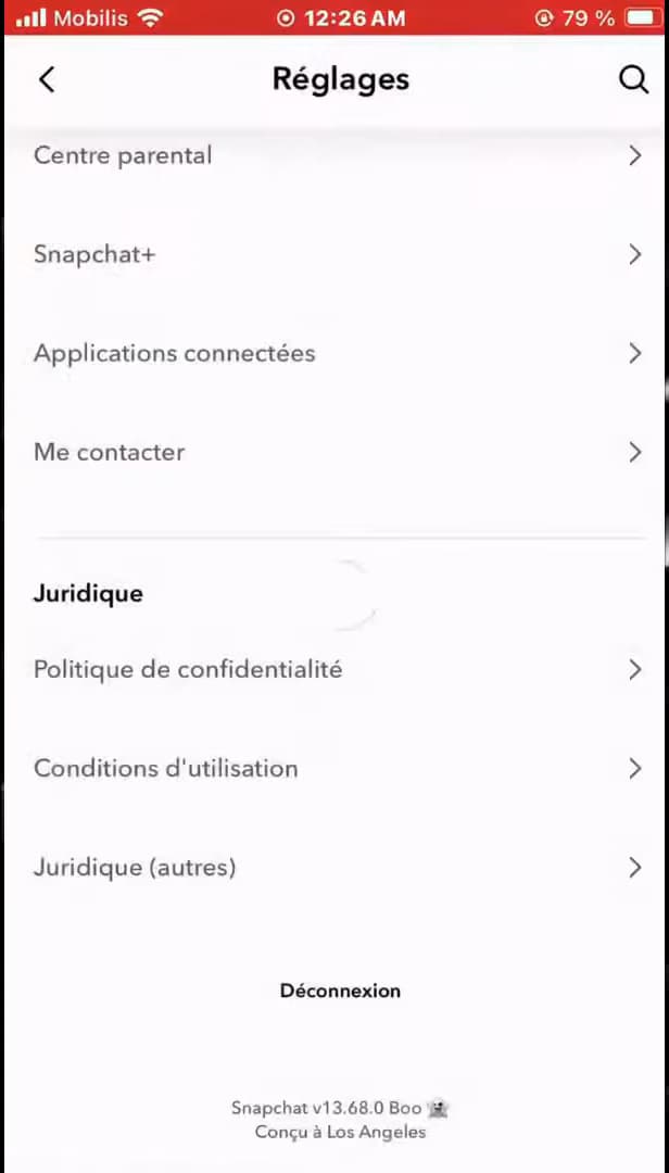 Option Déconnexion dans les réglages Snapchat