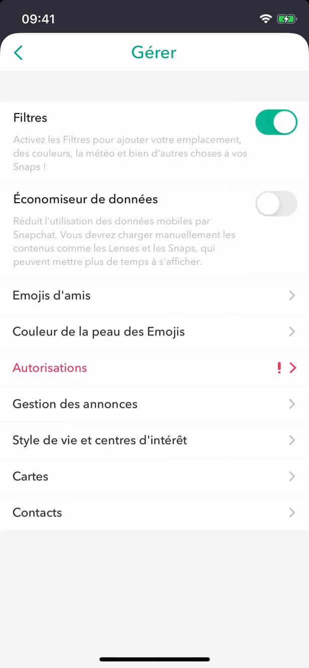 Interrupteur Filtres activé dans les réglages Snapchat