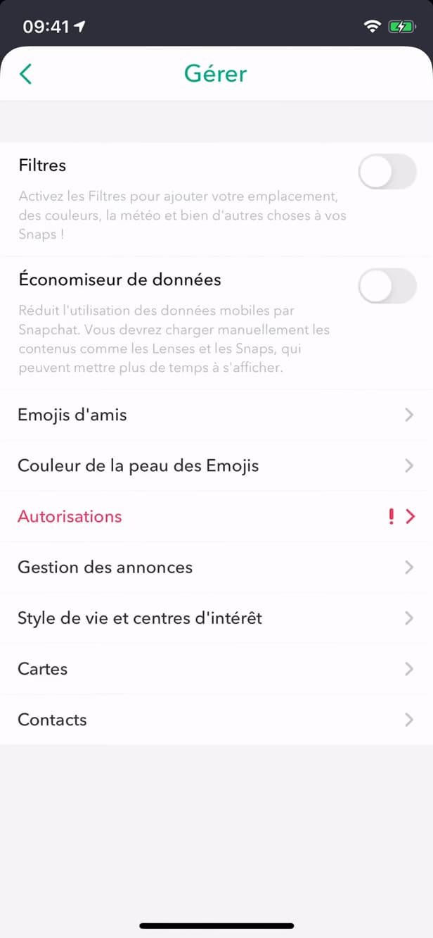 Menu Gérer des services supplémentaires de Snapchat