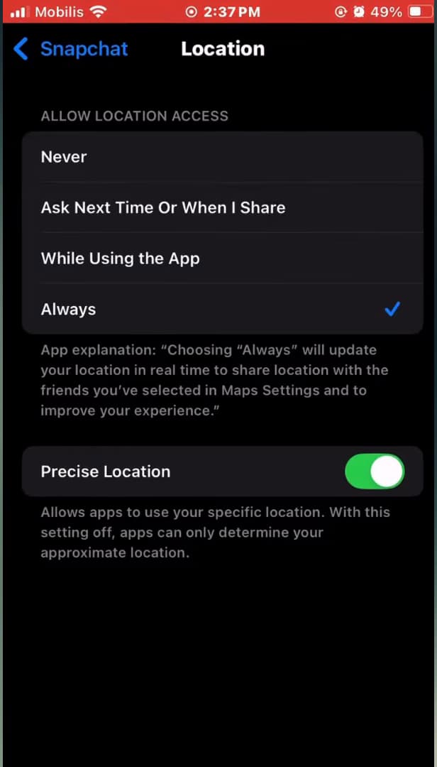 Réglage d'autorisation de localisation de Snapchat sur Toujours