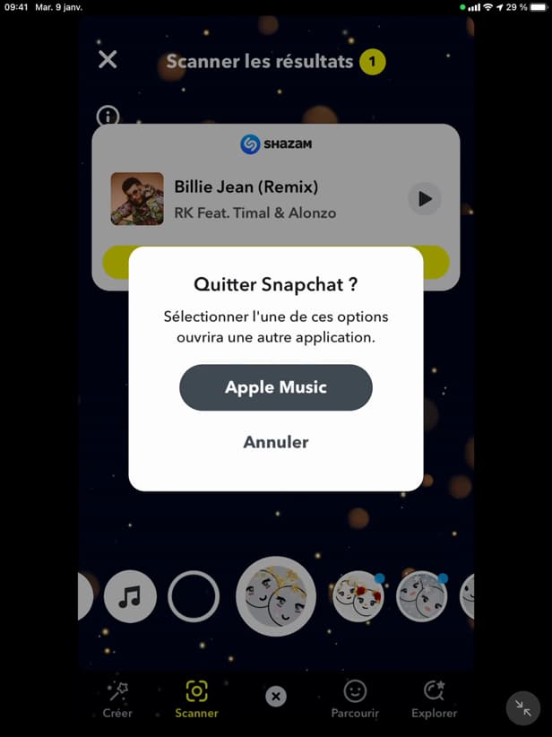 Ouverture de la chanson depuis Snapchat