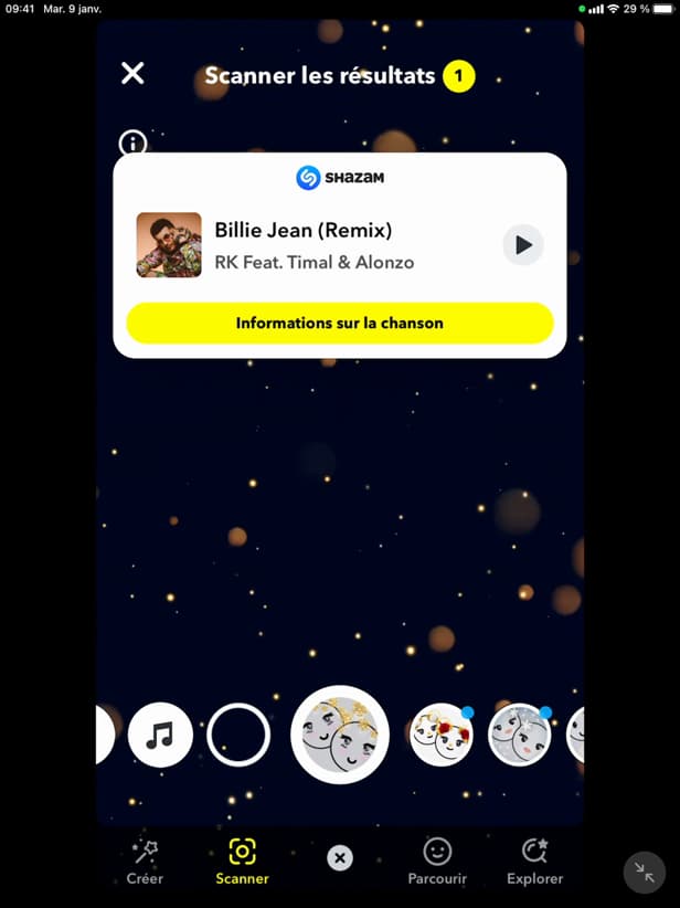 Résultat de reconnaissance musicale sur Snapchat