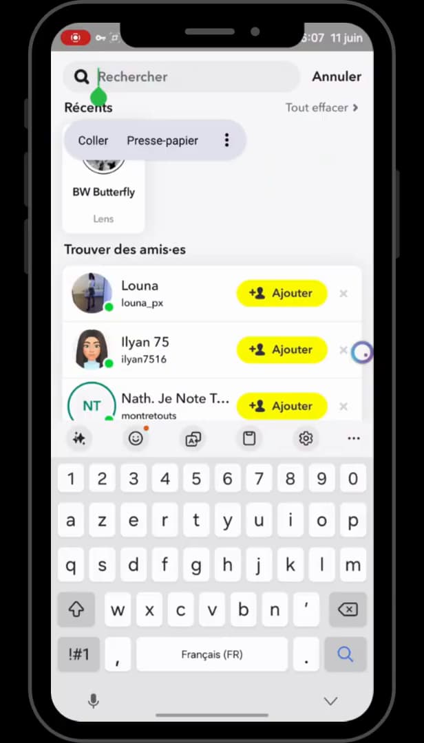 Écran de recherche Snapchat pour retrouver un contact