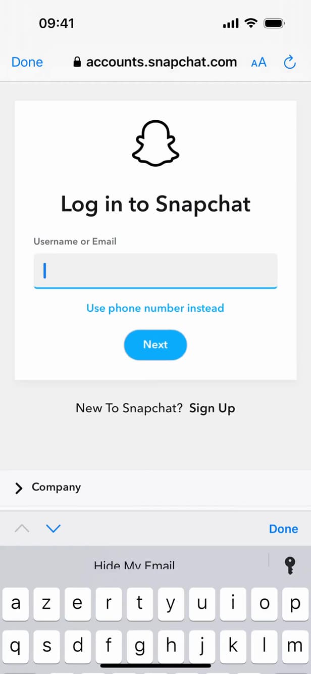 Page de connexion au compte Snapchat pour télécharger ses données