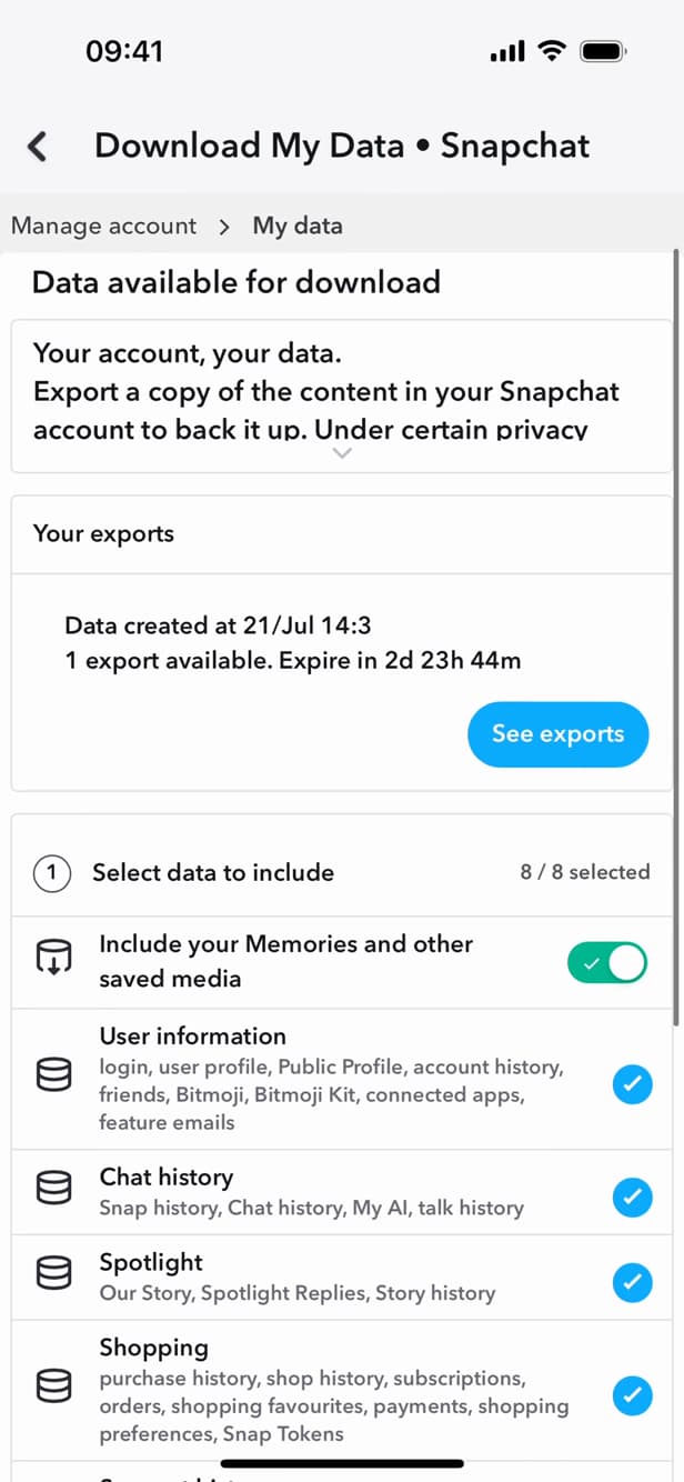 Écran de sélection des données à exporter sur Snapchat