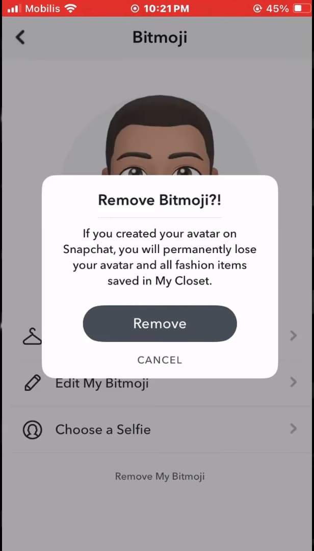 Fenêtre de confirmation pour dissocier le Bitmoji sur Snapchat