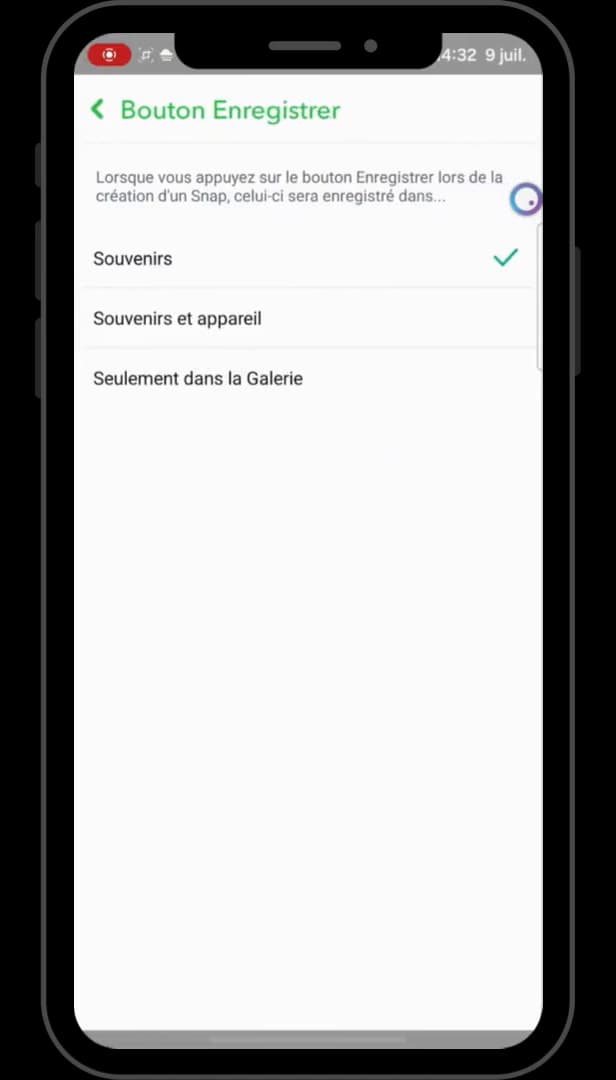 Options du Bouton Enregistrer de Snapchat : Souvenirs, Souvenirs et appareil, Galerie