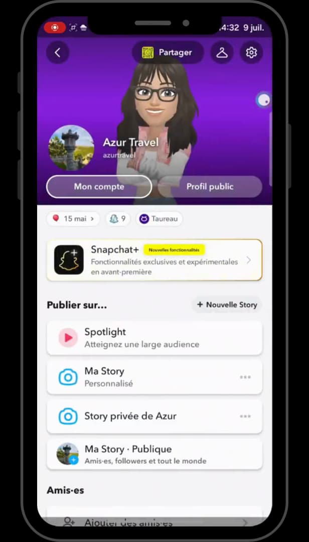 Écran de profil Snapchat avec le Bitmoji et les options du compte