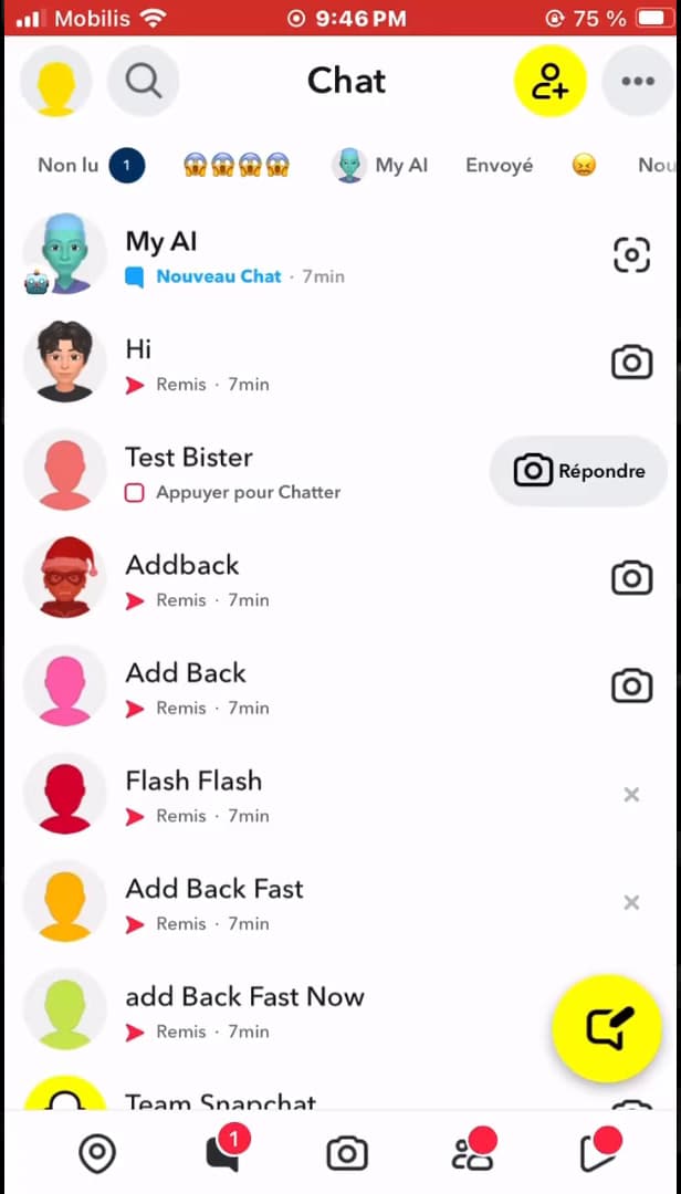 Liste des conversations Snapchat avec l'activité récente des amis