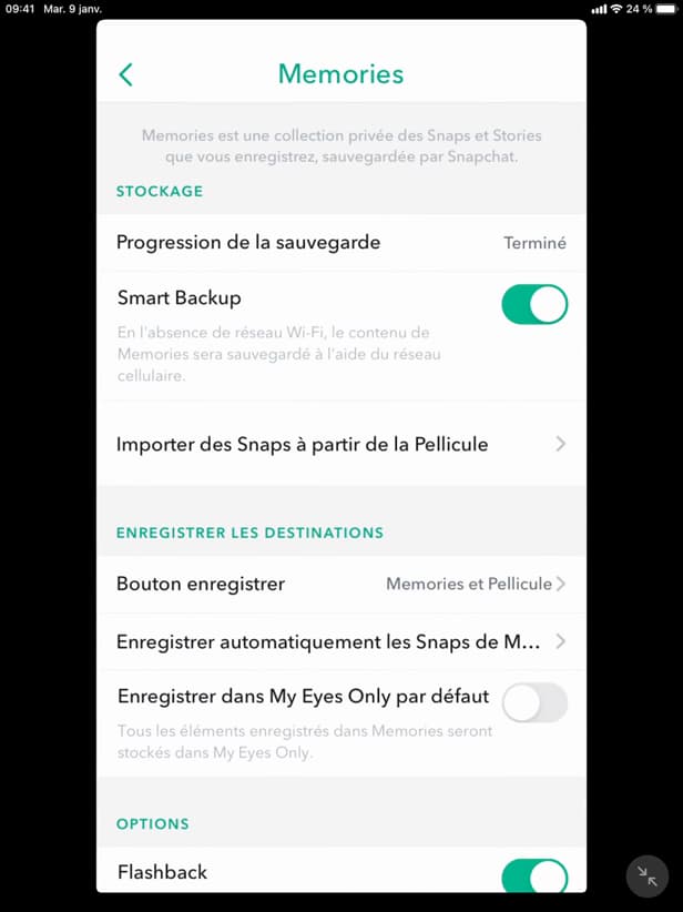 Section Options avec Flashback sur Snapchat