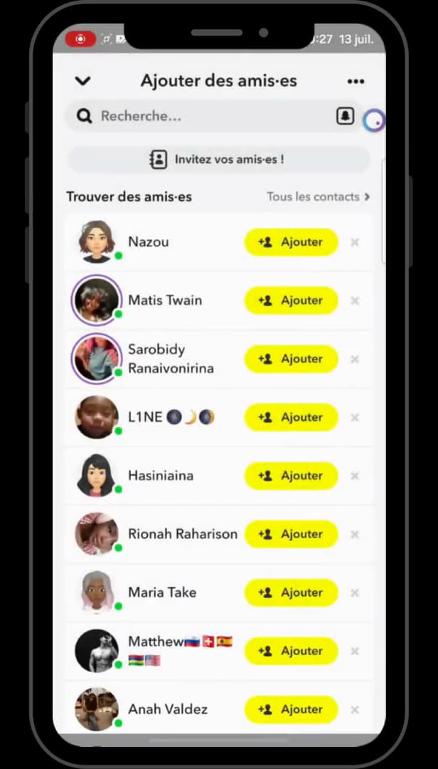 Liste des contacts synchronisés sur Snapchat