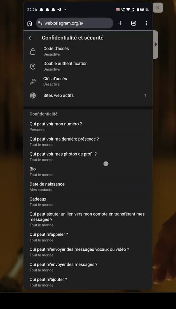 Paramètres Confidentialité et sécurité de Telegram
