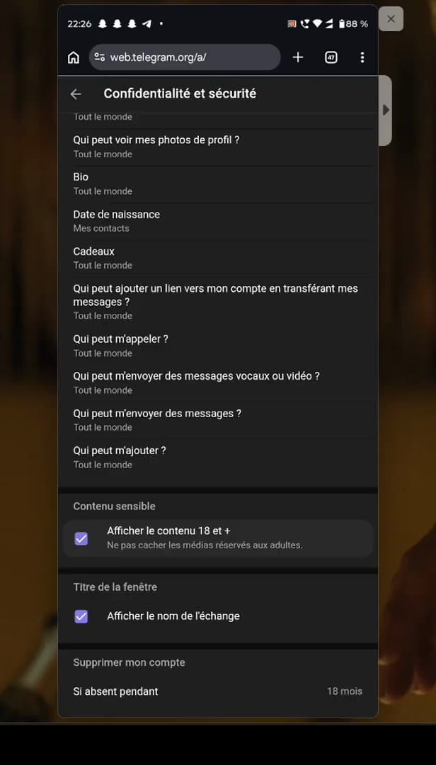 Option Afficher le contenu 18 et plus sur Telegram