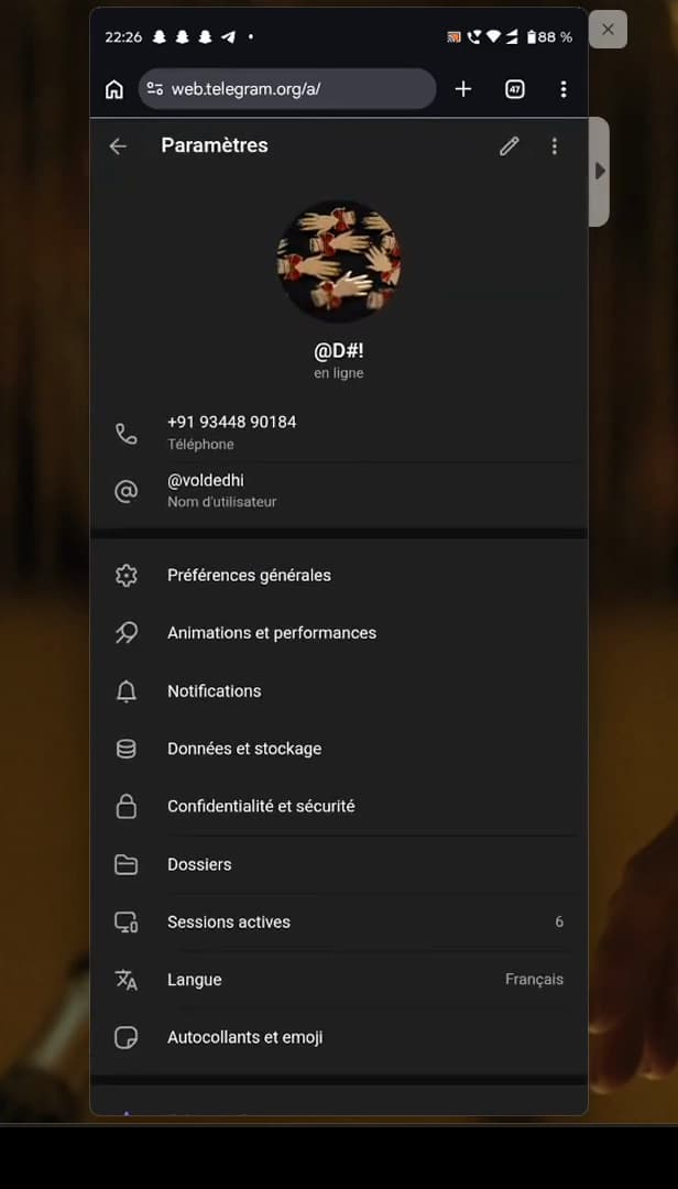 Paramètres de Telegram Web