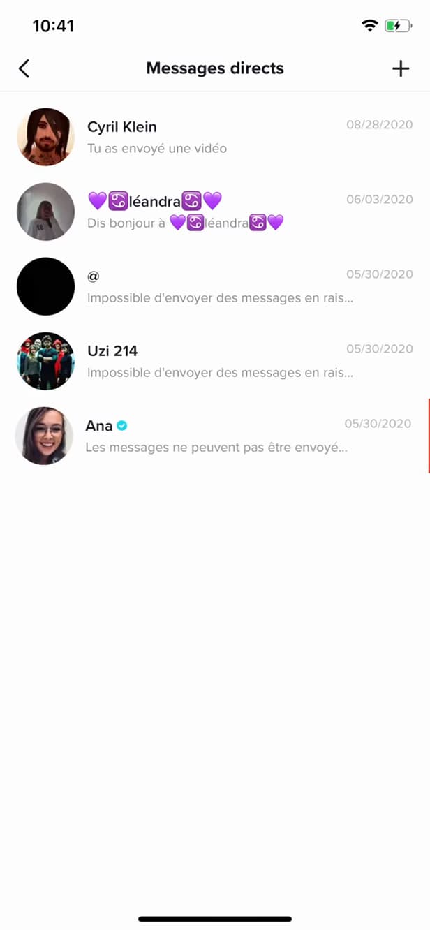Liste des messages directs sur TikTok
