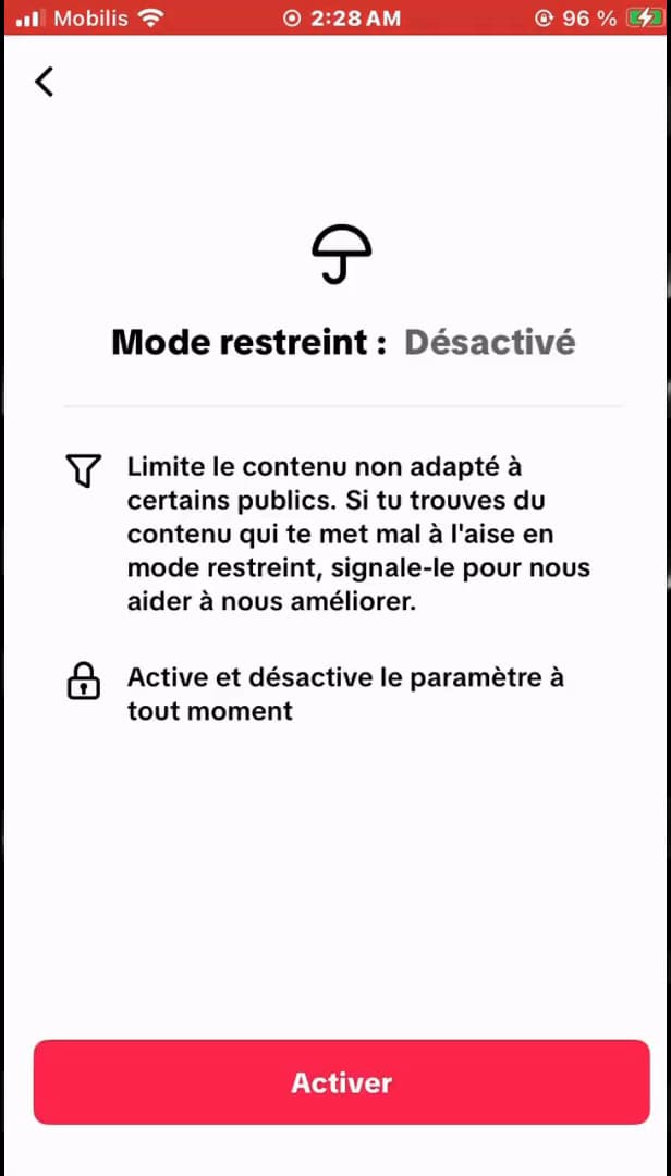 Écran Mode restreint de TikTok