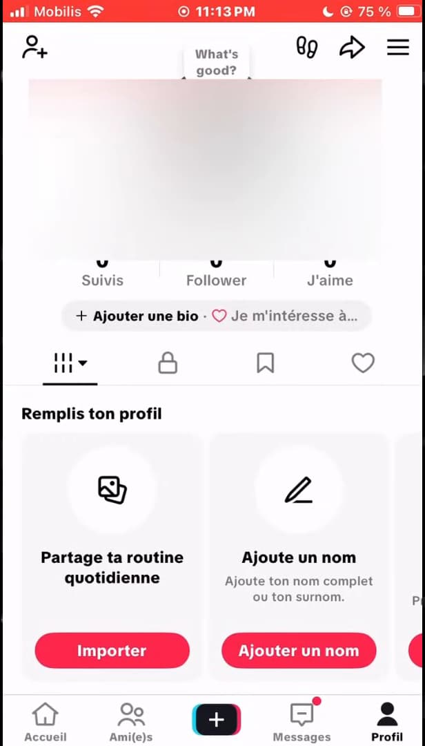 Profil TikTok avec accès au menu