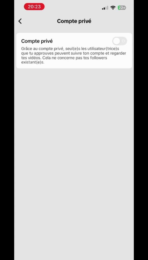 Interrupteur Compte privé activé sur TikTok