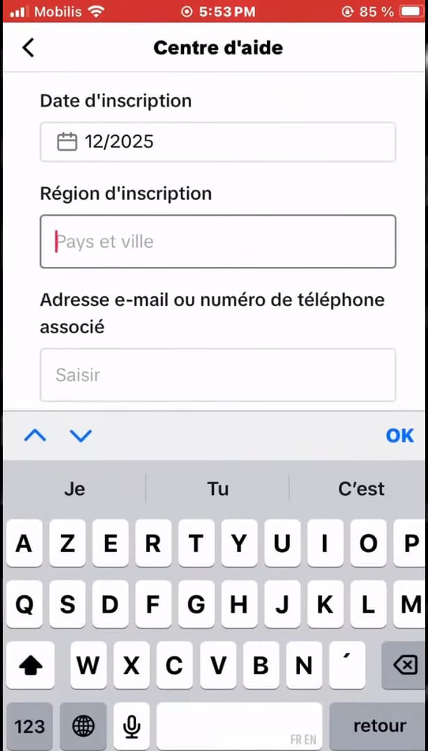 Formulaire TikTok avec date d'inscription, région et e-mail associé