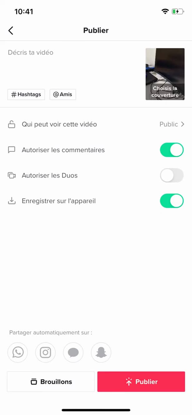 Écran Publier d'une vidéo TikTok