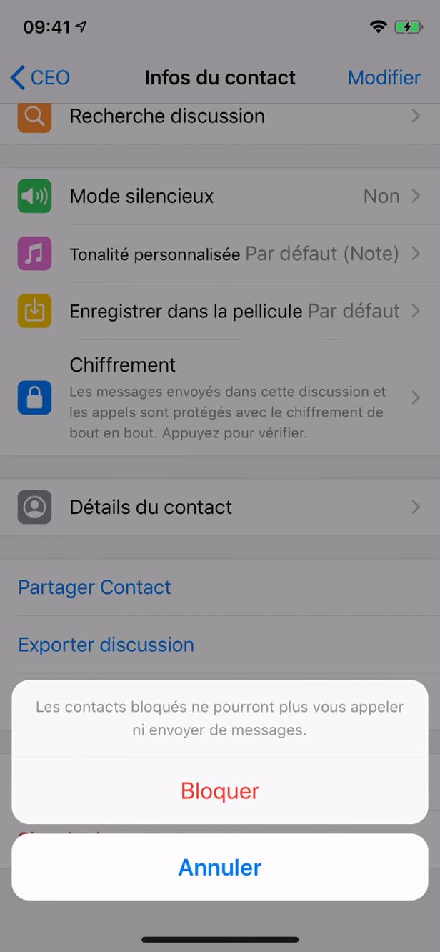 Confirmation de blocage d'un contact sur WhatsApp