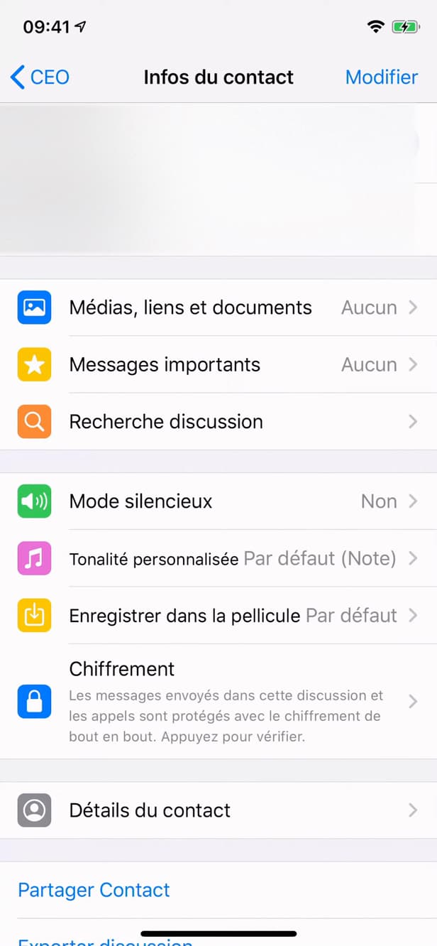 Écran Infos du contact sur WhatsApp