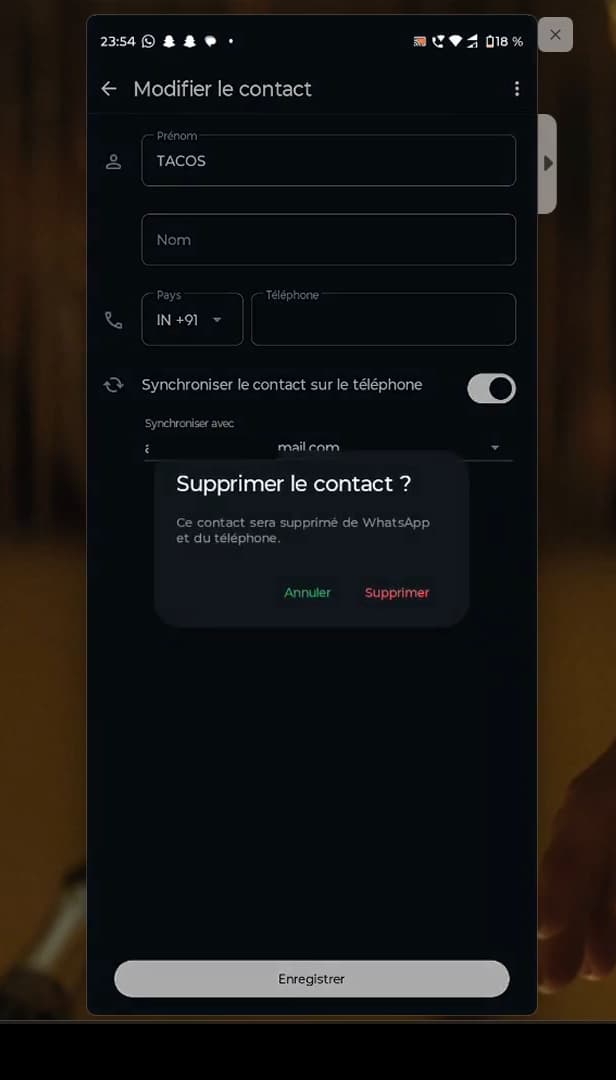 Fenêtre de confirmation Supprimer le contact sur WhatsApp