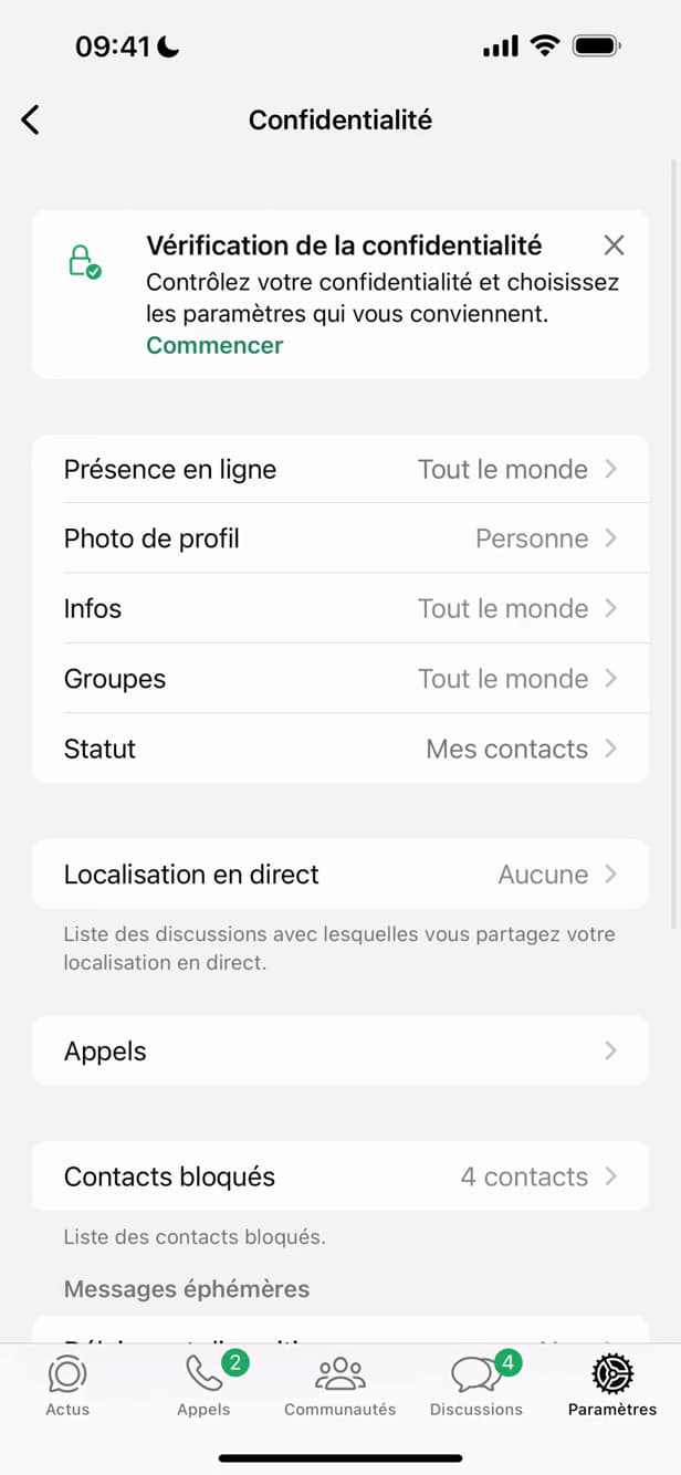 Paramètres Confidentialité de WhatsApp