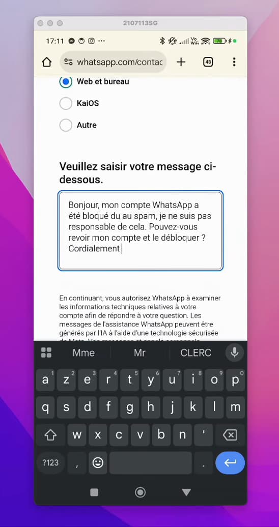 Champ message du formulaire WhatsApp rempli avec la demande de déblocage