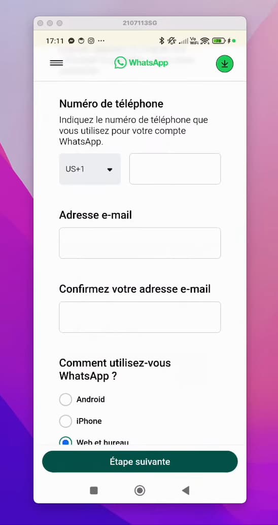 Formulaire d'assistance WhatsApp avec les champs numéro de téléphone et adresse e-mail