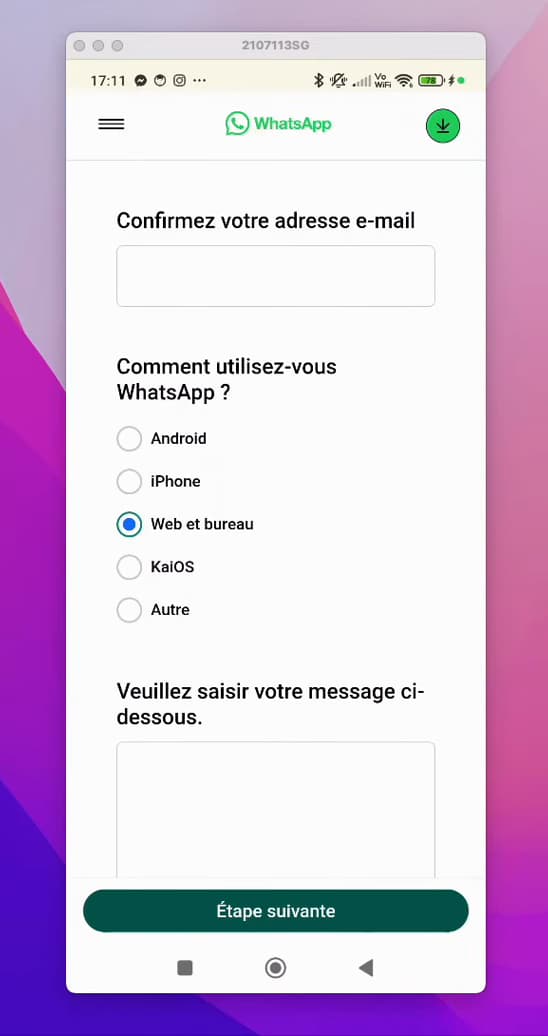 Choix de la plateforme WhatsApp (Android, iPhone, Web et bureau) dans le formulaire