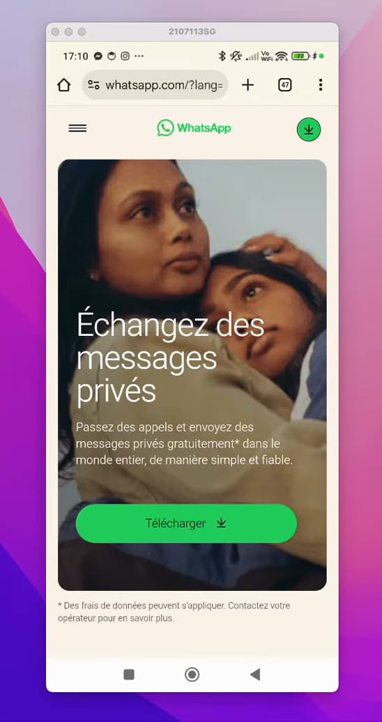 Page d'accueil du site whatsapp.com ouverte dans un navigateur mobile