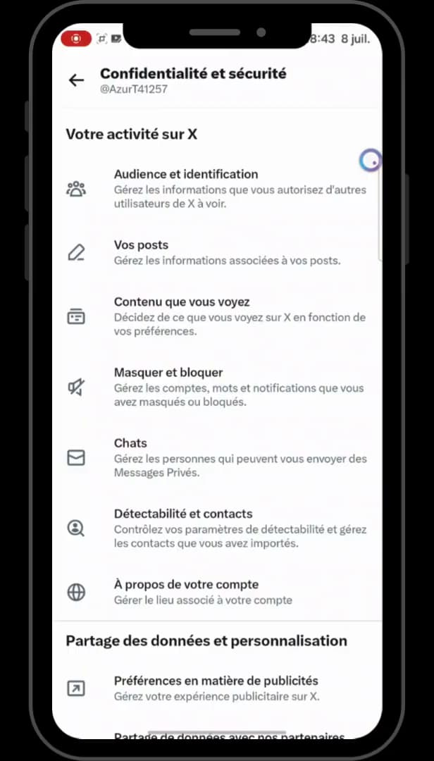 Section Confidentialité et sécurité de X avec Audience et identification