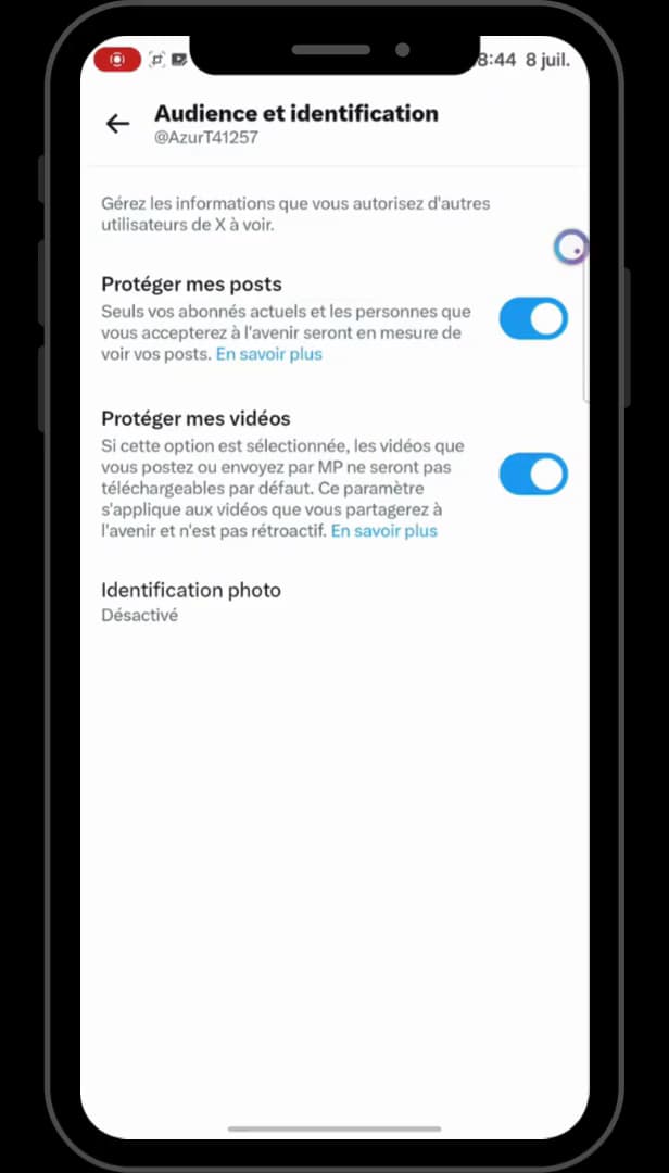 Interrupteurs Protéger mes posts et Protéger mes vidéos activés sur X