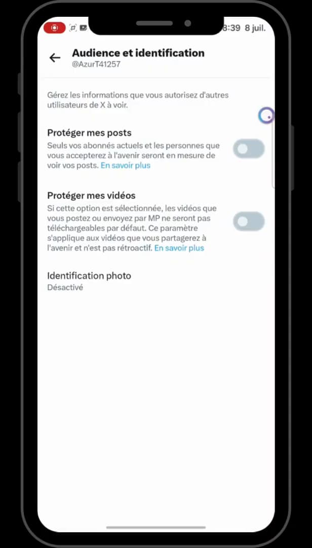 Interrupteurs Protéger mes posts et mes vidéos désactivés sur X