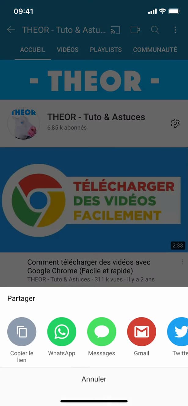 Menu Partager d'une chaîne YouTube